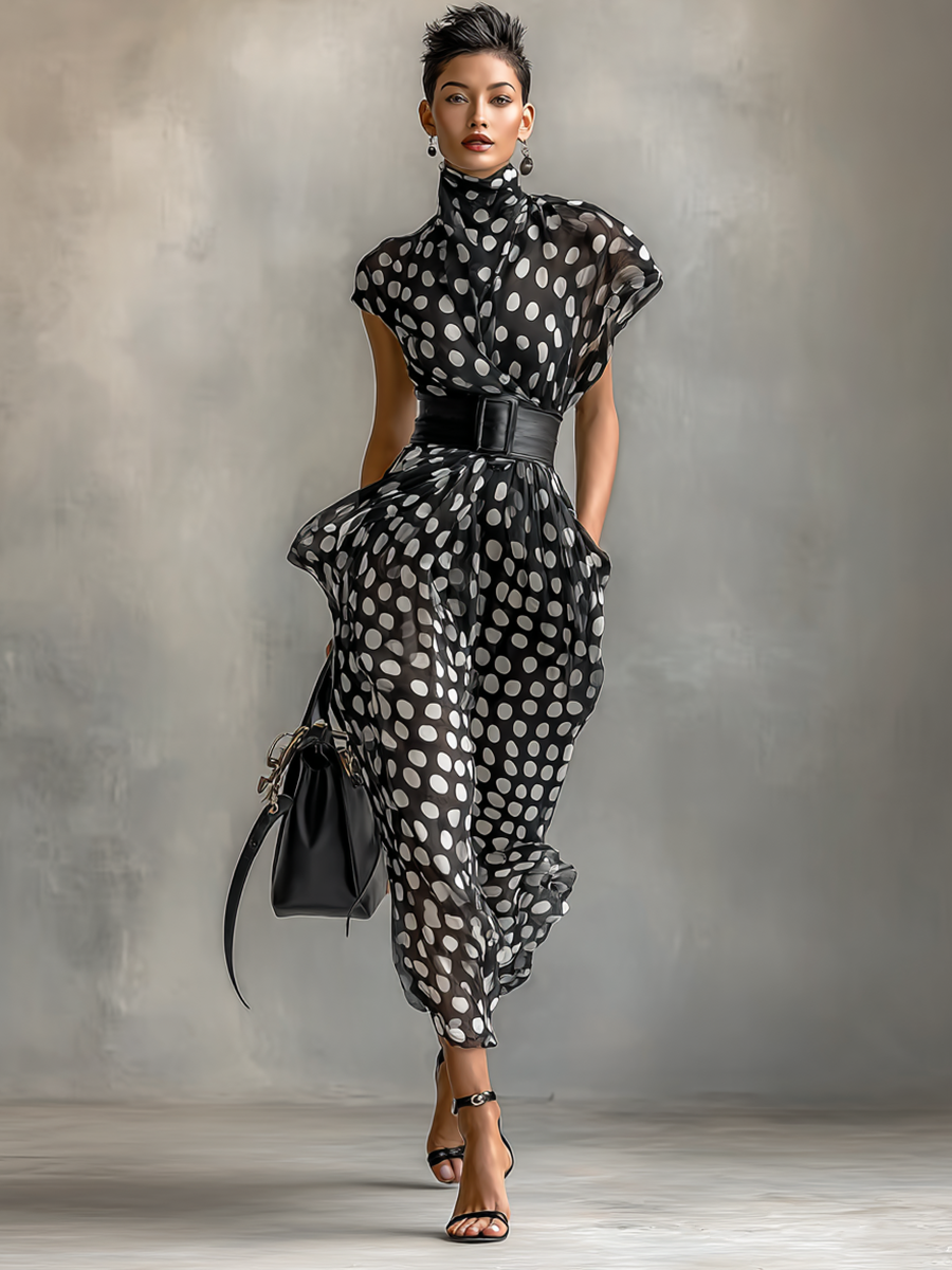 Savrani™ | Maxi Abito in Chiffon con Pois e Collo Alto