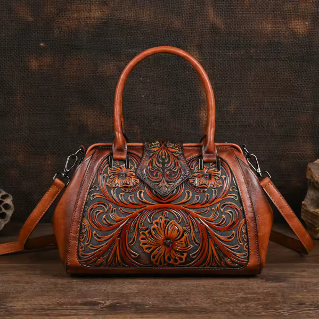 Savrani™ | Borsa a mano in pelle con incisione e motivo floreale