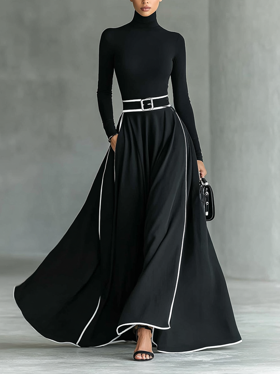 Savraniâ„¢ | Abito Maxi Nero con Cuciture Bianche, Collo Alto, Maniche Lunghe e Vita Sottile