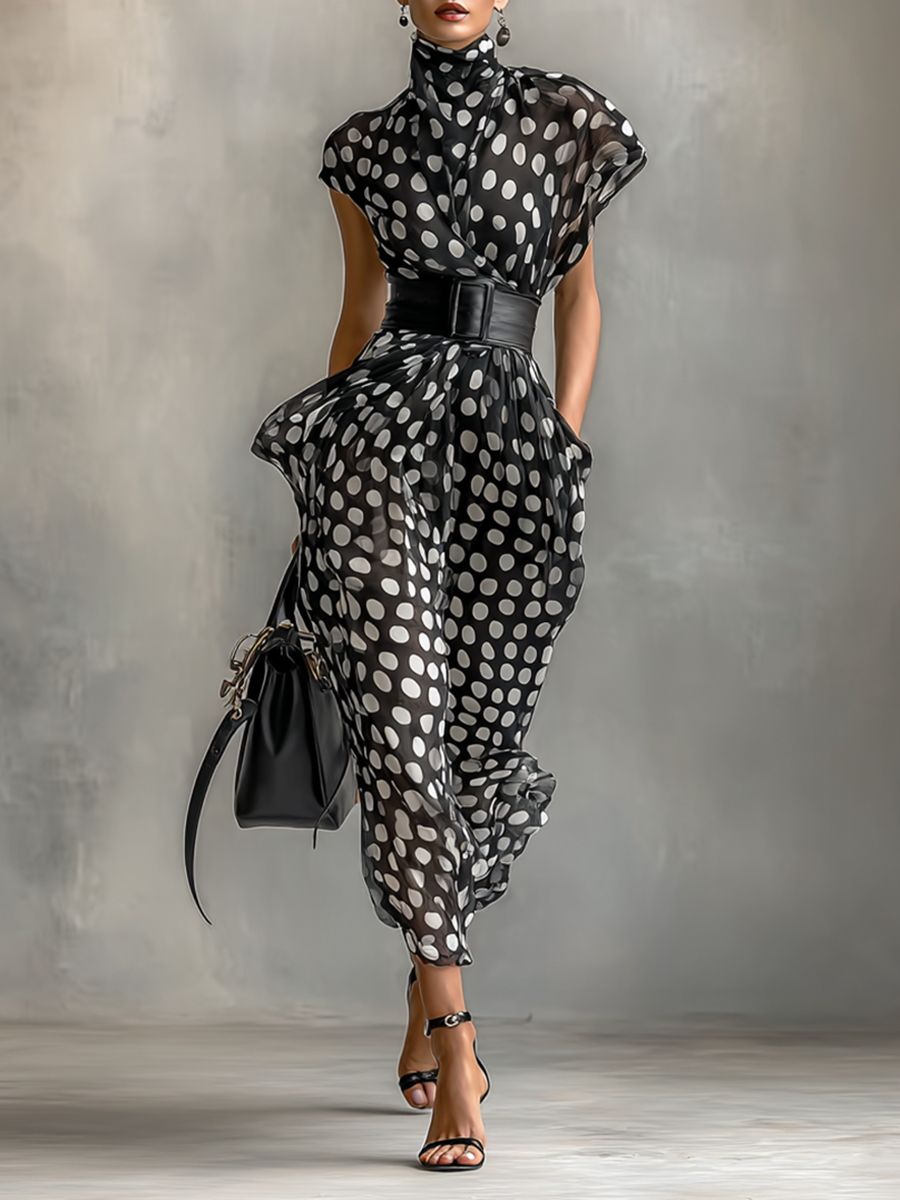 Savrani™ | Maxi Abito in Chiffon con Pois e Collo Alto