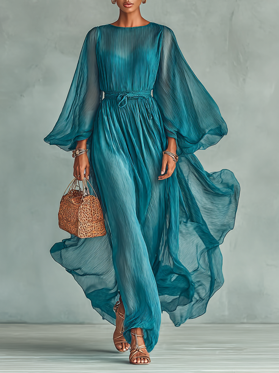Savraniâ„¢ | Abito Maxi in Chiffon con Scollatura Rotonda e Maniche Lunghe per Donne, con Cintura Regolabile