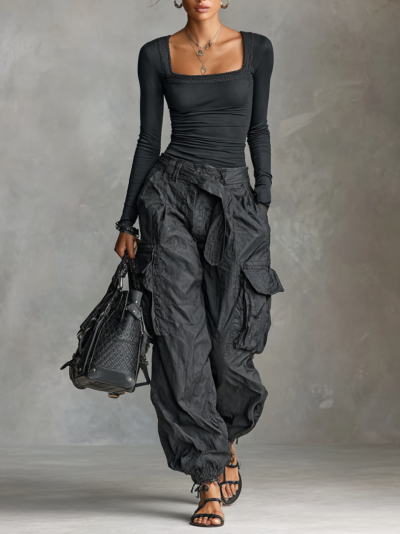 Savrani™ | Completo Due Pezzi T-Shirt a Maniche Lunghe con Scollatura Quadrata e Pantaloni Cargo con Numerose Tasche