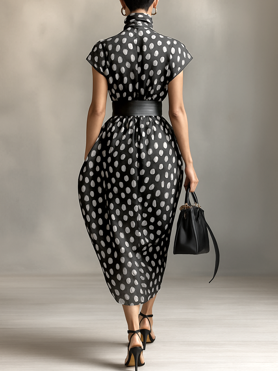 Savrani™ | Maxi Abito in Chiffon con Pois e Collo Alto