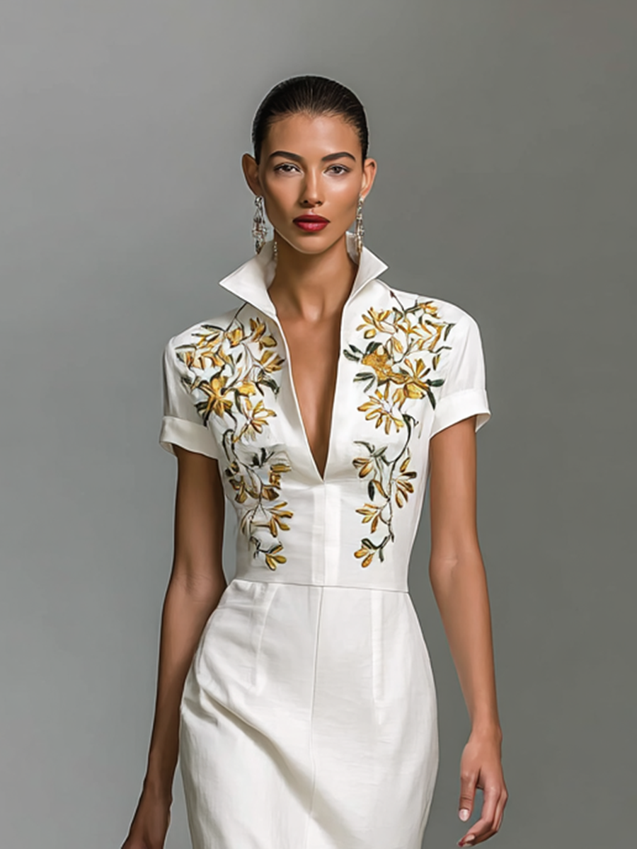 Savrani™ | Abito midi da donna ricamato con scollo a V e maniche corte