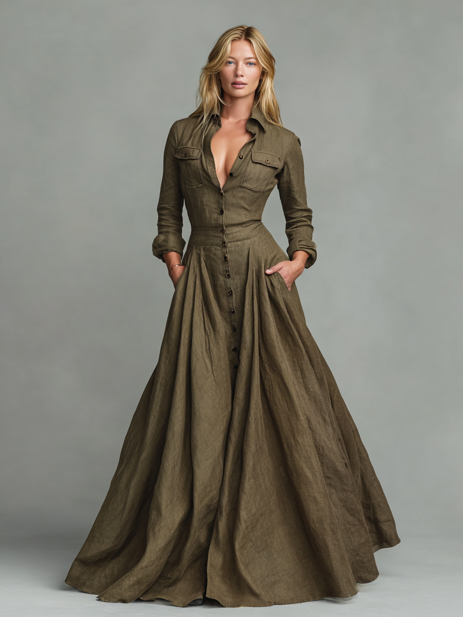 Savrani™ | Abito Maxi Vintage in Cotone e Lino per Donne con Design Camicia