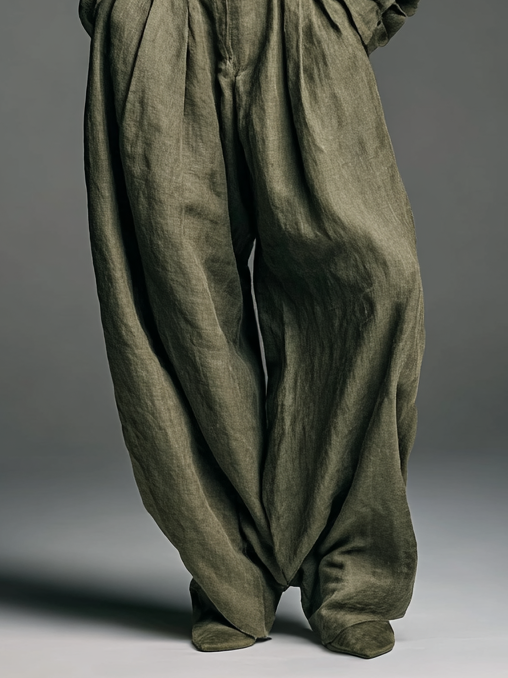 Savrani™ | Completo Due Pezzi Donna in Cotone e Lino con Camicia a Maniche Lunghe e Pantaloni a Gamba Larga