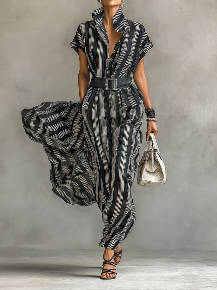 Savraniâ„¢ | Abito Maxy Chiffon Striato con Collo e Maniche Corte per Donne con Cintura