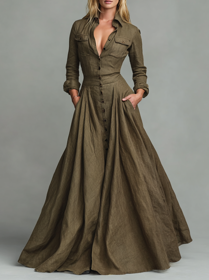 Savraniâ„¢ | Abito Maxi Vintage in Cotone e Lino per Donne con Design Camicia