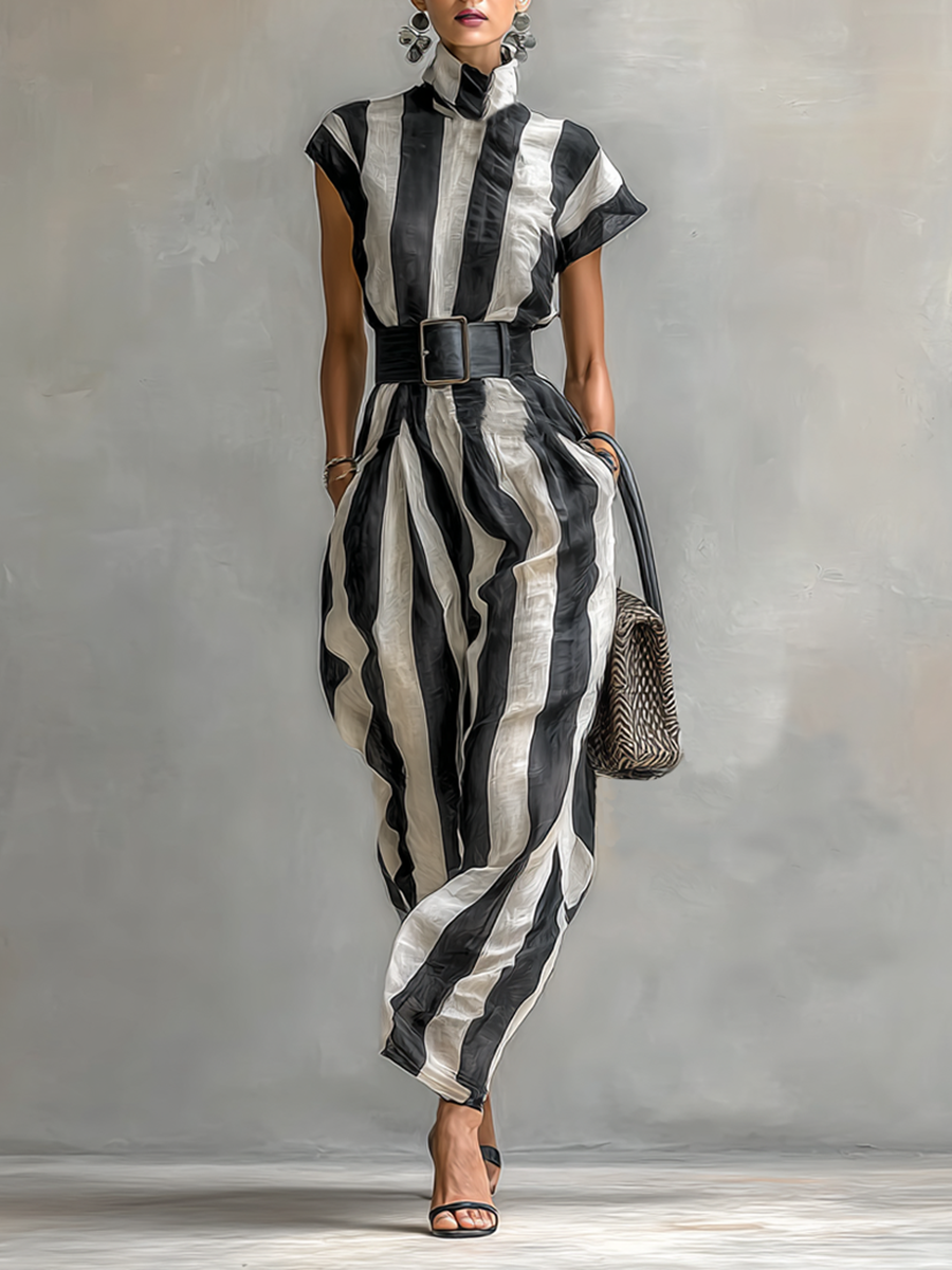 Savraniâ„¢ | Abito Maxi in Chiffon con Collo Alto e Maniche Corte