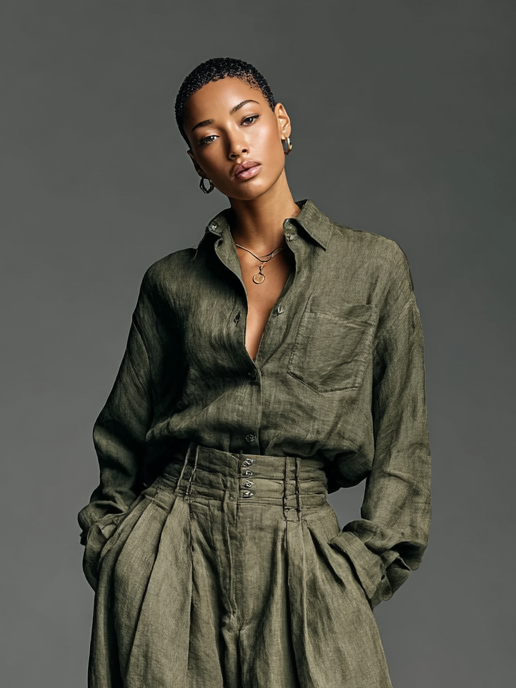 Savrani™ | Completo Due Pezzi Donna in Cotone e Lino con Camicia a Maniche Lunghe e Pantaloni a Gamba Larga