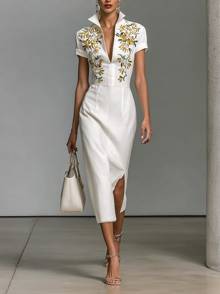 Savrani™ | Abito midi da donna ricamato con scollo a V e maniche corte