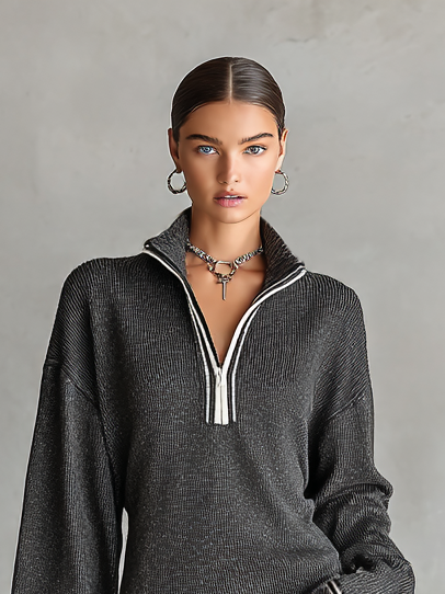 Savrani™ | Abito Mini in Maglia Larga con Collo Polo e Chiusura Lampo