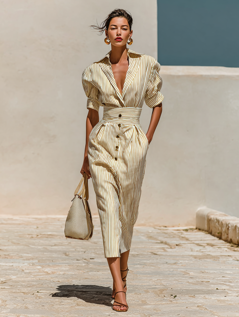 Savrani™ | Abito Midi a Righe con Collo e Maniche Corte