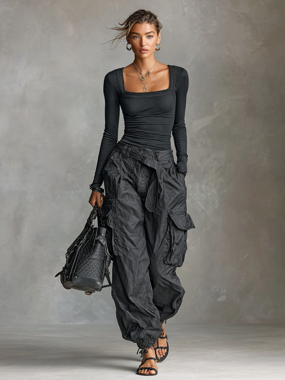 Savrani™ | Completo Due Pezzi T-Shirt a Maniche Lunghe con Scollatura Quadrata e Pantaloni Cargo con Numerose Tasche