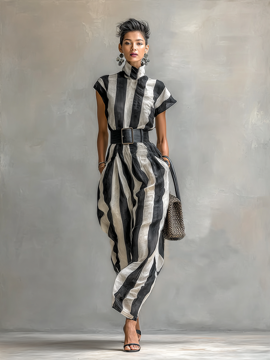 Savrani™ | Abito Maxi in Chiffon con Collo Alto e Maniche Corte